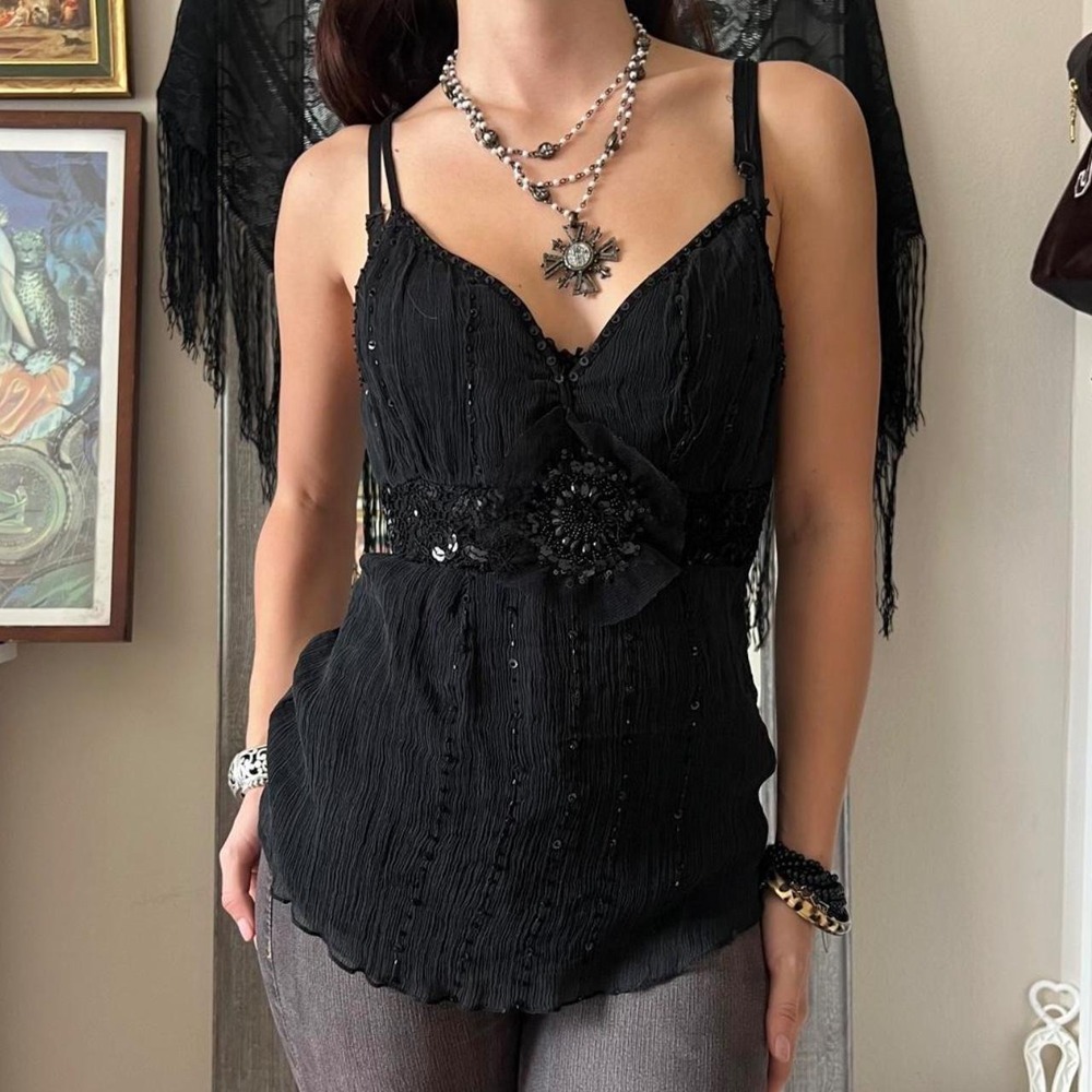 Vintage Moa USA Black Beaded Sequin Silk Tank Top Whimsygoth Fairycore Medium